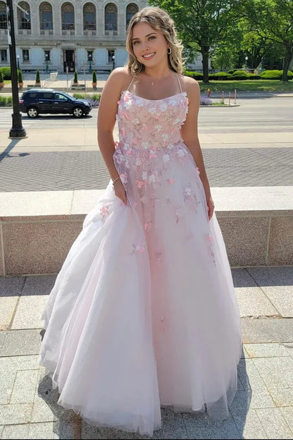 Spaghetti Straps Pink Tulle Lace-Up Back Ball Prom Gown with 3D Floral Lace
