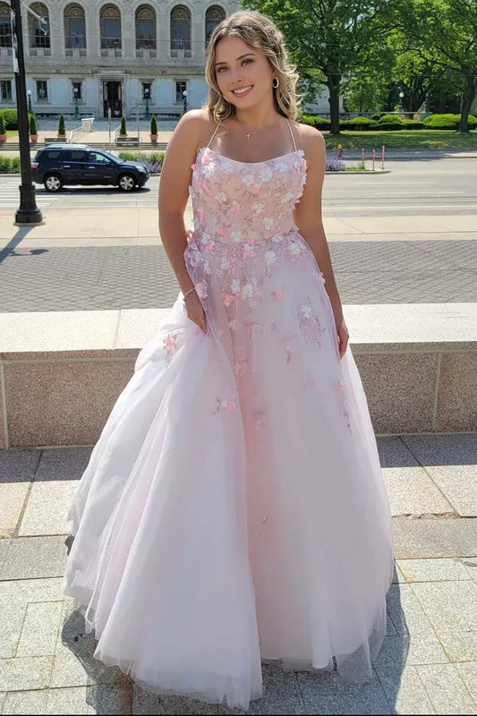Spaghetti Straps Pink Tulle Lace-Up Back Ball Prom Gown with 3D Floral Lace