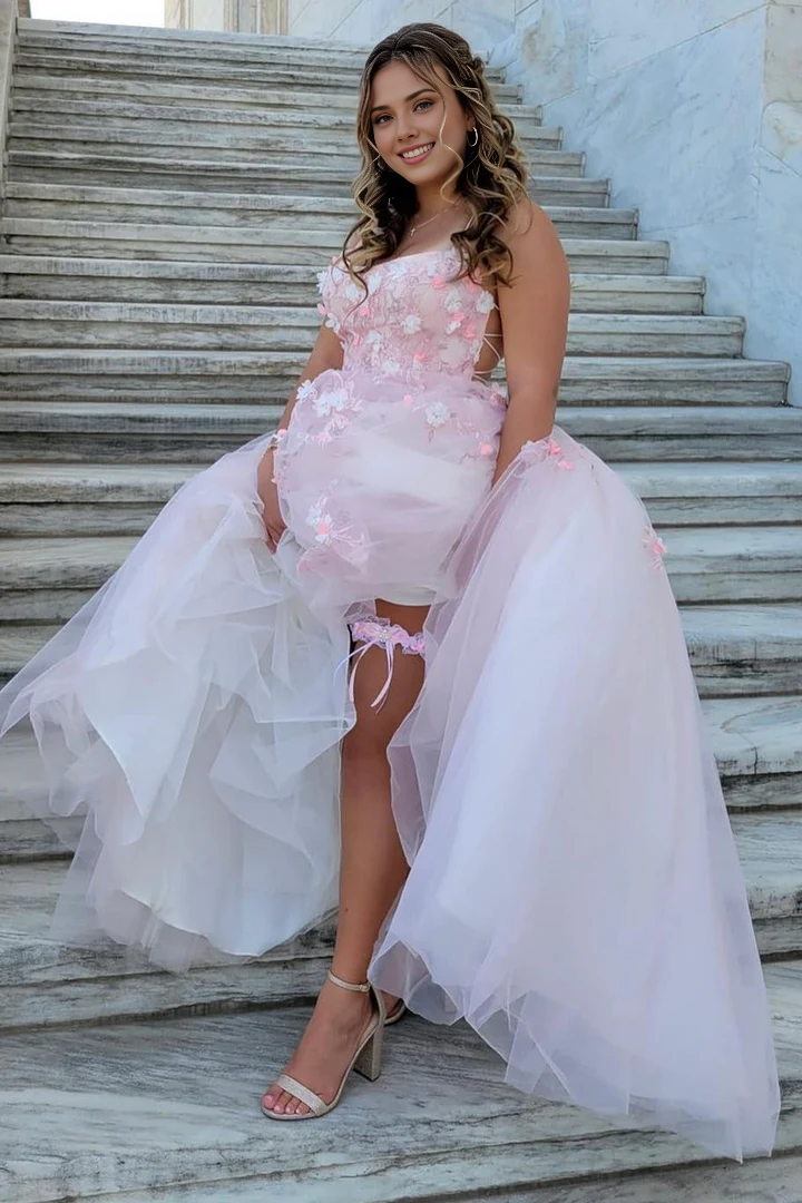 Spaghetti Straps Pink Tulle Lace-Up Back Ball Prom Gown with 3D Floral Lace