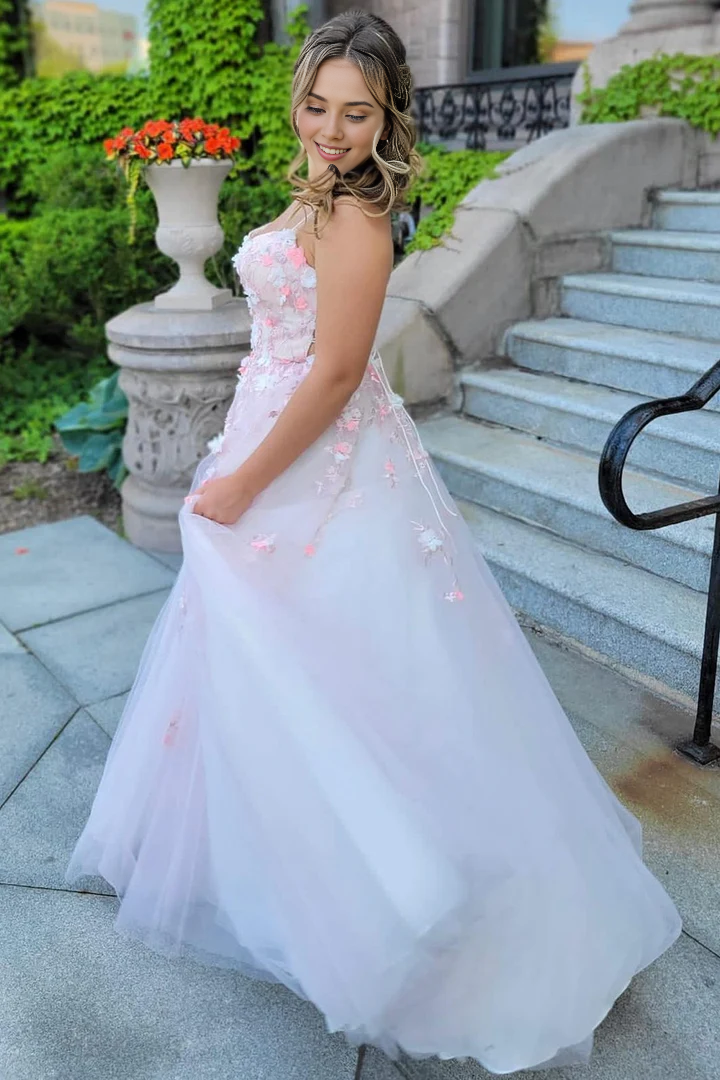 Spaghetti Straps Pink Tulle Lace-Up Back Ball Prom Gown with 3D Floral Lace