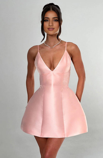 Spaghetti Straps Prom Party Gowns High Waisted A-Line Short Peach V Neck Homecoming Dresses