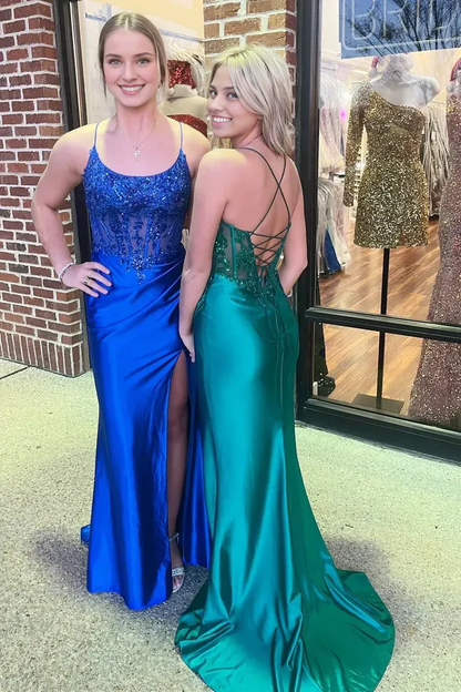 Spaghetti Straps Royal Blue Appliques Scoop Neck Mermaid Long Prom Dresses