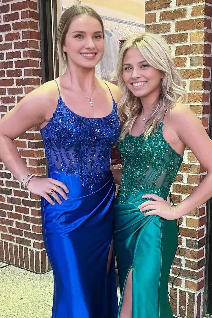 Spaghetti Straps Royal Blue Appliques Scoop Neck Mermaid Long Prom Dresses