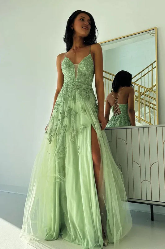 Spaghetti Straps Sage Green V Neck Tulle A-Line Long Prom Dresses With Slit