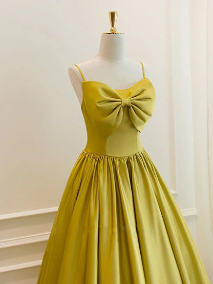 Spaghetti Straps Simple Yellow Satin Tea Length Prom Dress With Bow