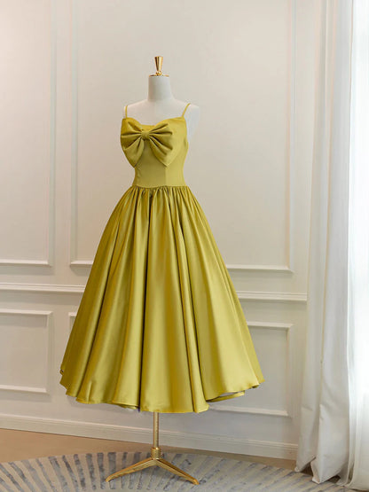 Spaghetti Straps Simple Yellow Satin Tea Length Prom Dress With Bow