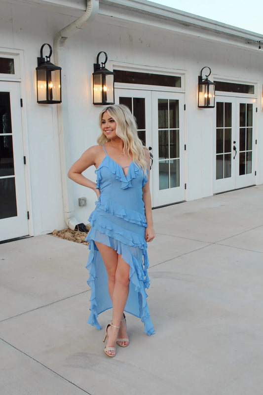 Spaghetti Straps Sky Blue Chiffon Ruffles Column With Side Slit Ankle Length Ruffles Tassels Fairy Dresses Sexy Waist Wrapping Dress For Women Summer Beach Holiday Dressing
