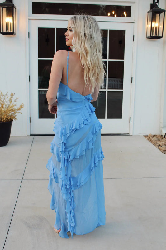 Spaghetti Straps Sky Blue Chiffon Ruffles Column With Side Slit Ankle Length Ruffles Tassels Fairy Dresses Sexy Waist Wrapping Dress For Women Summer Beach Holiday Dressing