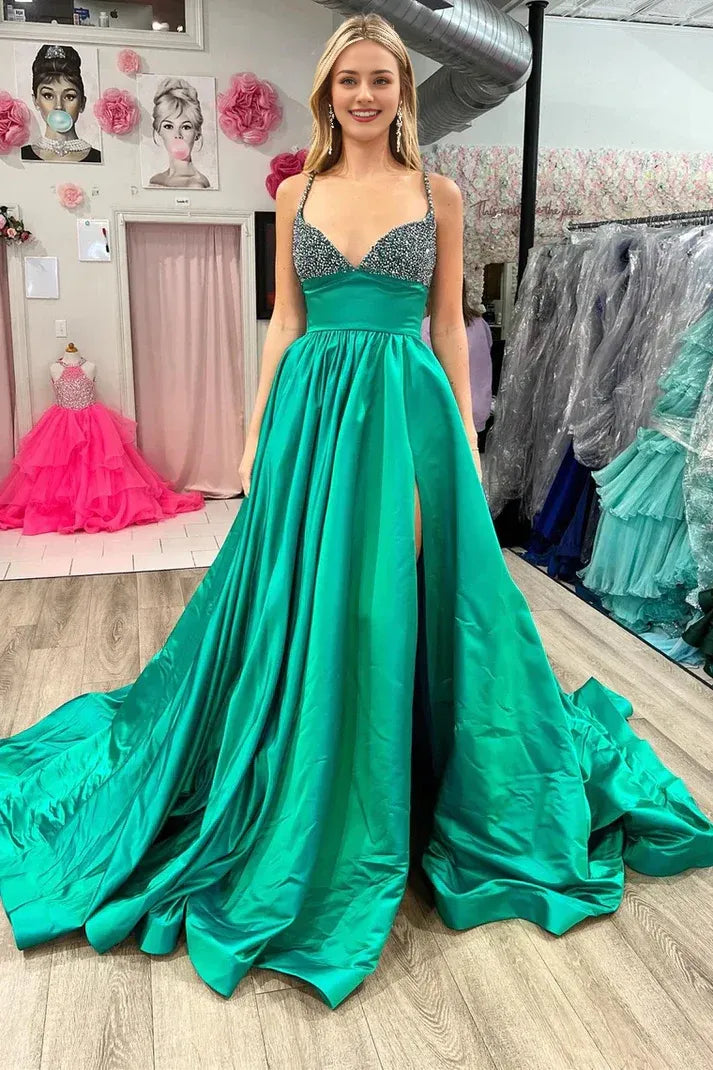 Spaghetti Straps Sleeveless Emerald Beaded V-Neck A-Line Long Prom Dress