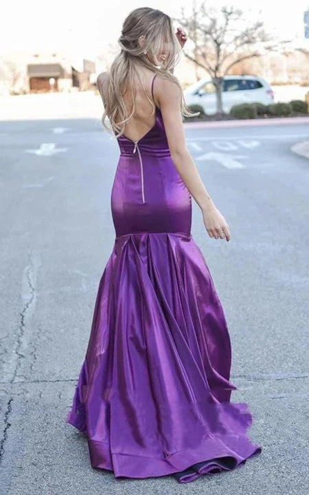 Dress/Spaghetti Straps Sleeveless Mermaid Satin Evening Dress with Ruching Train Prom Dress/Dress For Formal