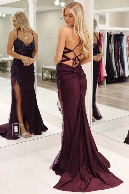 Spaghetti Straps Slit Mermaid V Neck Burgundy Satin Beaded Long Prom Dresses