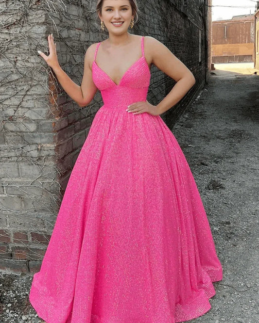 Spaghetti Straps Sparkly Long Hot Pink Glitter Prom Evening Dress A-Line V Neck Straps