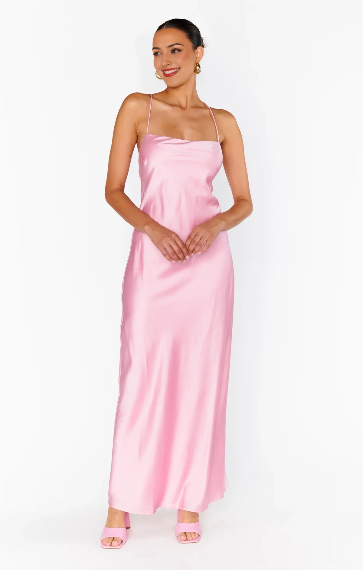 Dress Spaghetti Straps Square Neck Light Pink Maxi Dress Column Satin Solid Color Crisscross Back Simple Prom Dress
