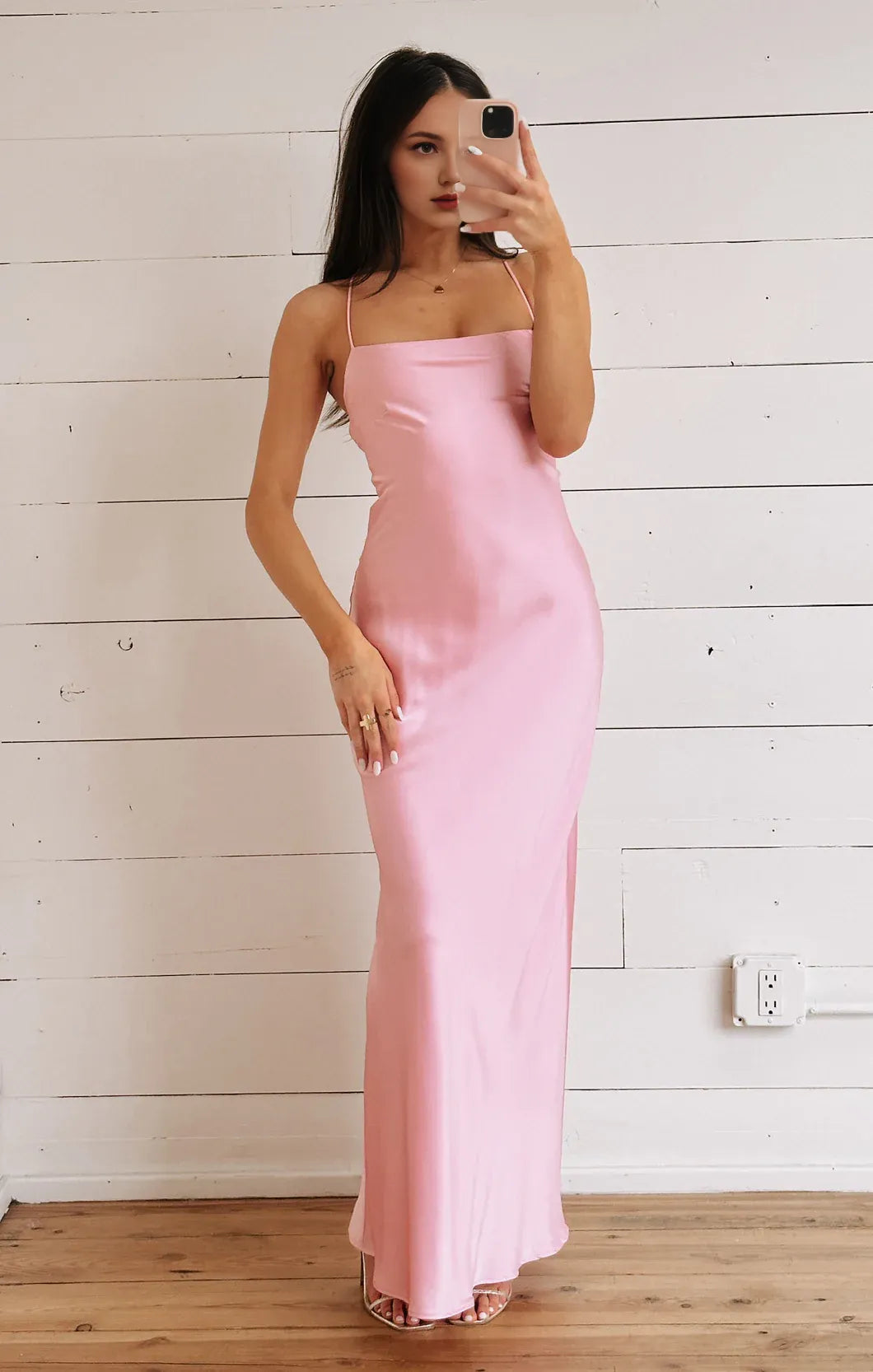 Dress Spaghetti Straps Square Neck Light Pink Maxi Dress Column Satin Solid Color Crisscross Back Simple Prom Dress