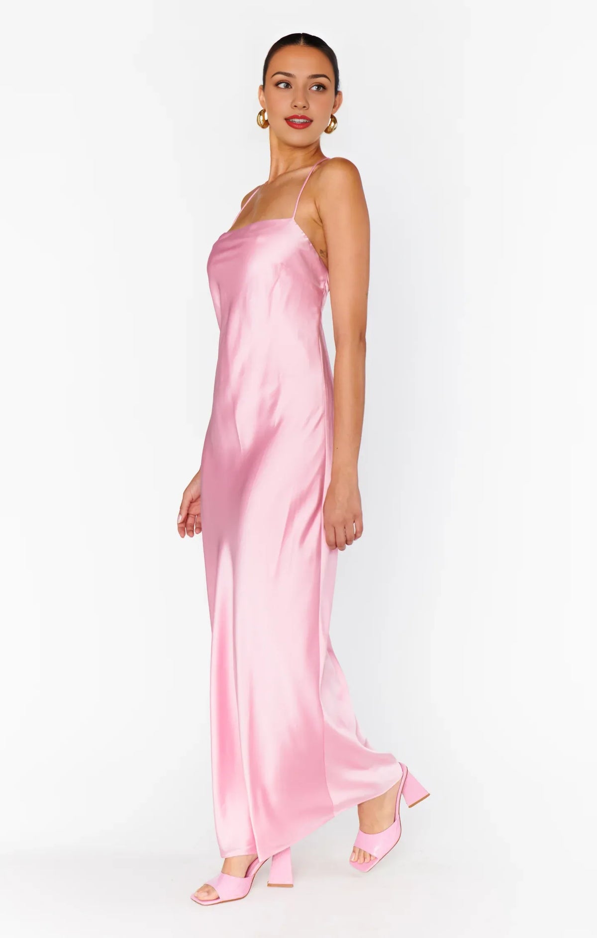 Dress Spaghetti Straps Square Neck Light Pink Maxi Dress Column Satin Solid Color Crisscross Back Simple Prom Dress