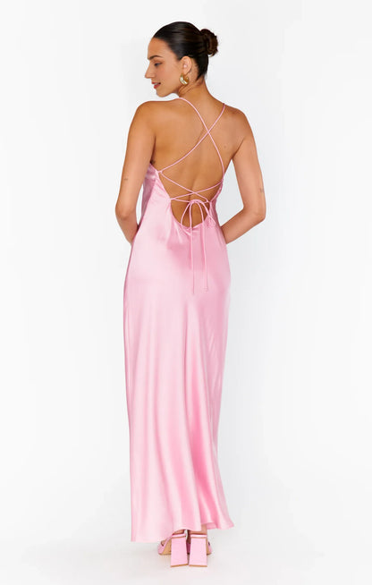Dress Spaghetti Straps Square Neck Light Pink Maxi Dress Column Satin Solid Color Crisscross Back Simple Prom Dress