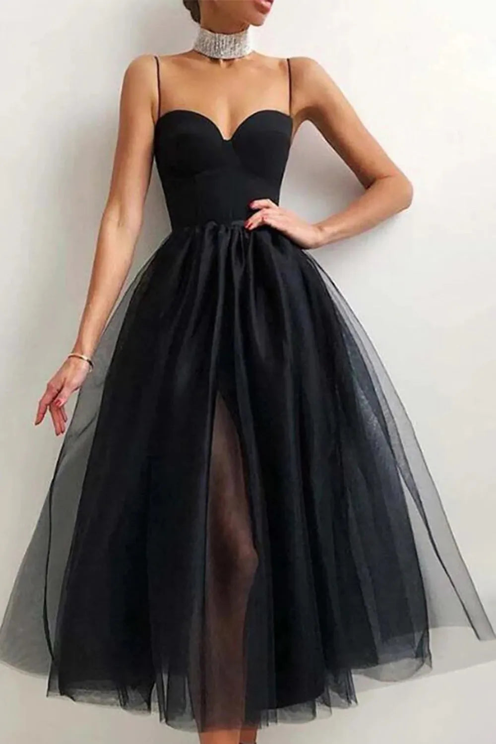 Spaghetti Straps Tulle A-line Tea-Length Simple Prom Dress With Slit
