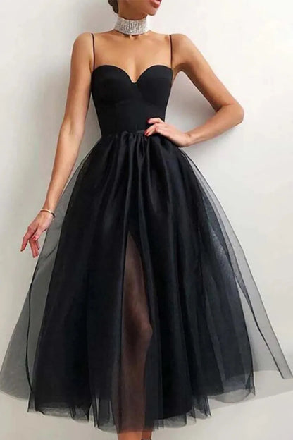 Spaghetti Straps Tulle A-line Tea-Length Simple Prom Dress With Slit
