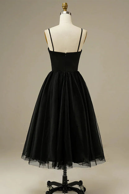 Spaghetti Straps Tulle A-line Tea-Length Simple Prom Dress With Slit