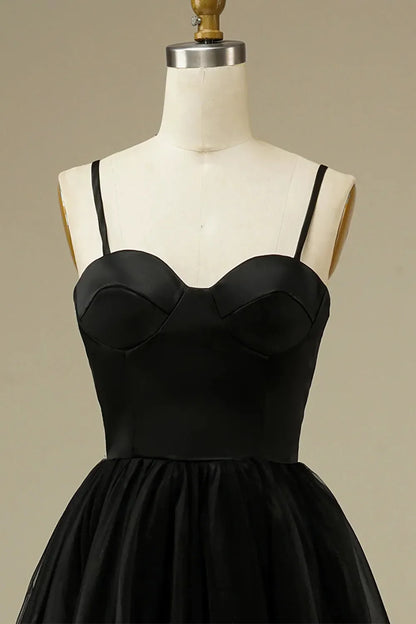 Spaghetti Straps Tulle A-line Tea-Length Simple Prom Dress With Slit