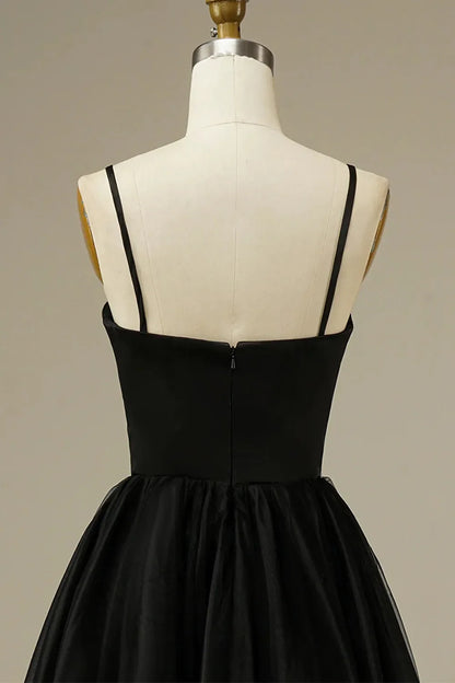 Spaghetti Straps Tulle A-line Tea-Length Simple Prom Dress With Slit