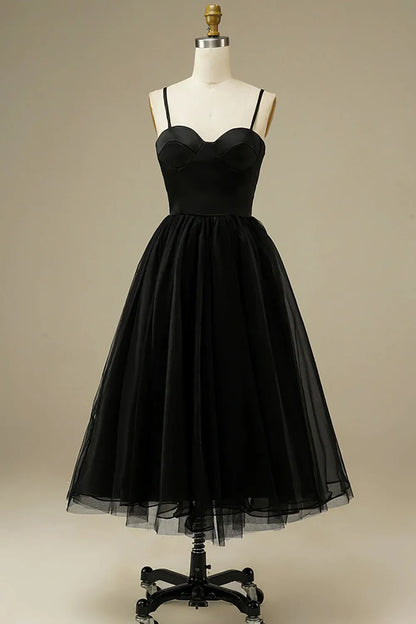 Spaghetti Straps Tulle A-line Tea-Length Simple Prom Dress With Slit