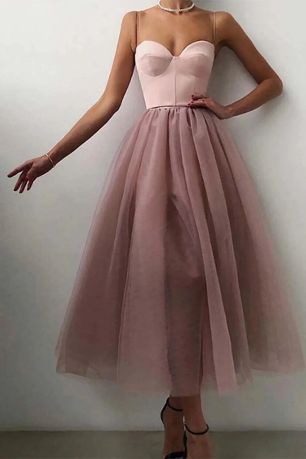 Spaghetti Straps Tulle A-line Tea-Length Simple Prom Dress With Slit