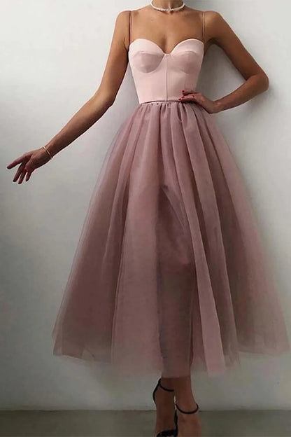 Spaghetti Straps Tulle A-line Tea-Length Simple Prom Dress With Slit
