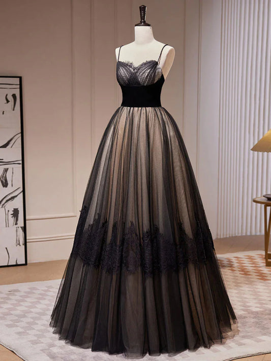 Formal Women's Dresses Black A-Line Spaghetti Straps Tulle Lace Long Prom Dress Prom Dress Stores