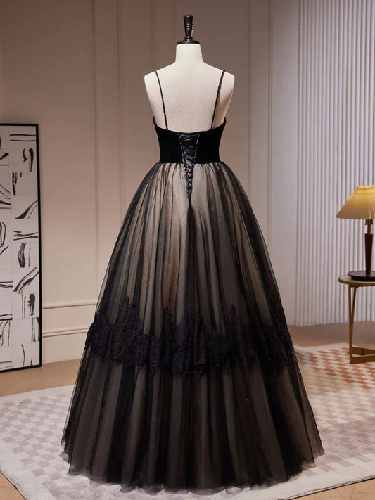 Formal Women's Dresses Black A-Line Spaghetti Straps Tulle Lace Long Prom Dress Prom Dress Stores