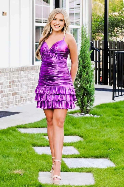Spaghetti Straps Twist Knot Ruched Metallic Ruffle Short Homecoming Dress