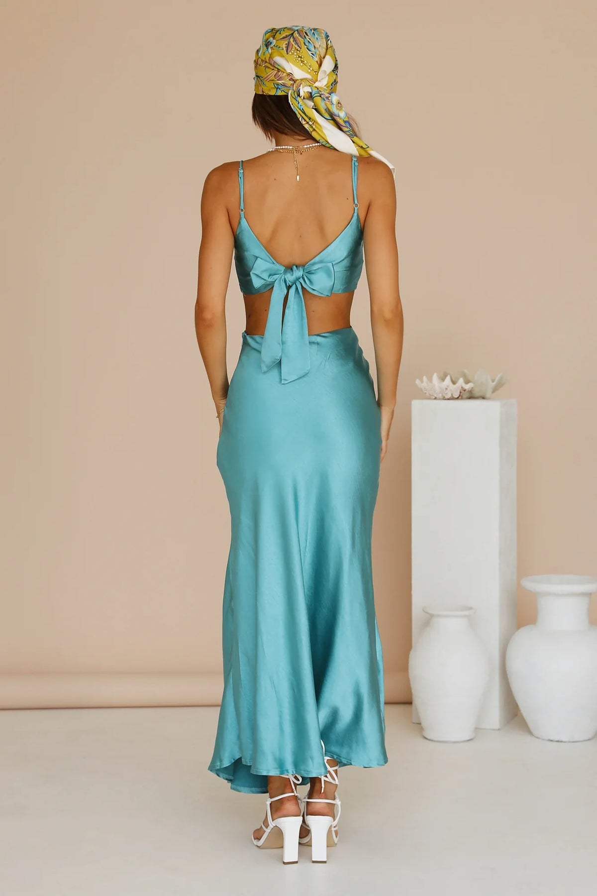 Spaghetti Straps V Neck Ankle Length Satin Dress Yellow Sleeveless Sheath Simple Tie Up Back Straps Backless Prom Dress