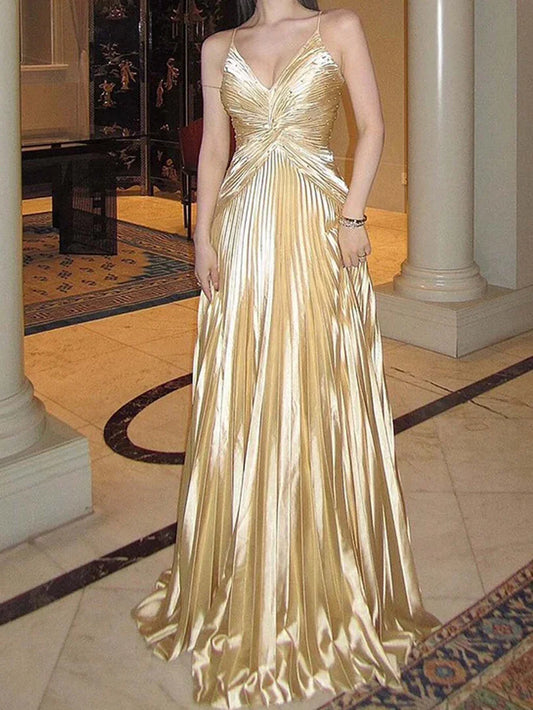 Spaghetti Straps V Neck Floor Length Gold Pleated Prom Dress