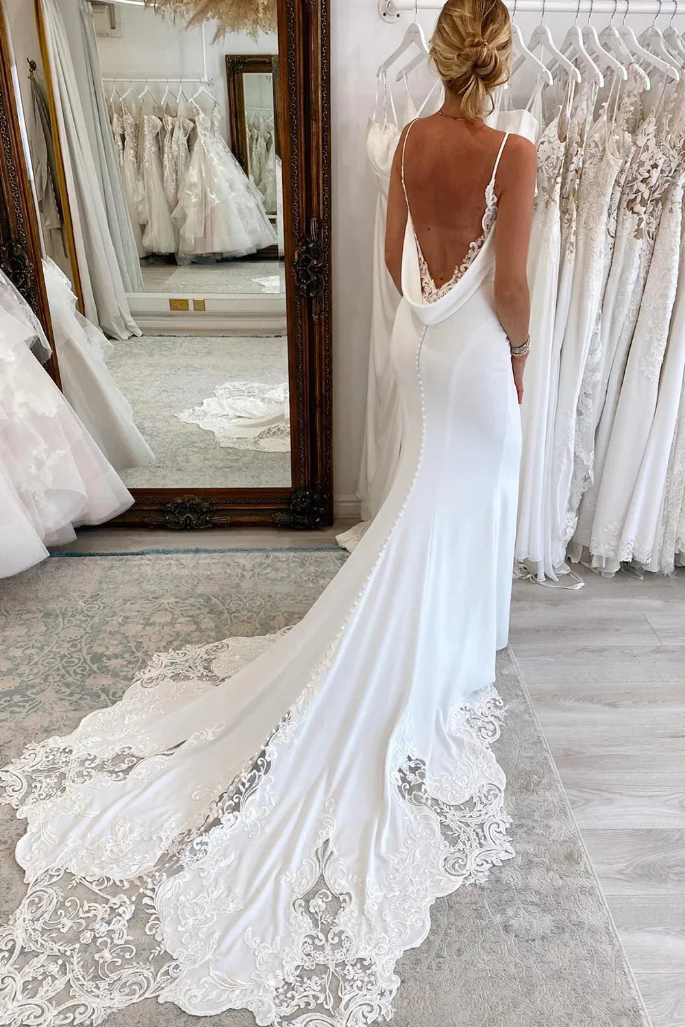 Spaghetti Straps V Neck Mermaid White Satin Train Lace Minimalist Wedding Dresses
