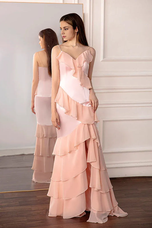 Spaghetti Straps V Neck Multi Layer Light Pink Ruffled Prom Dress with Slit