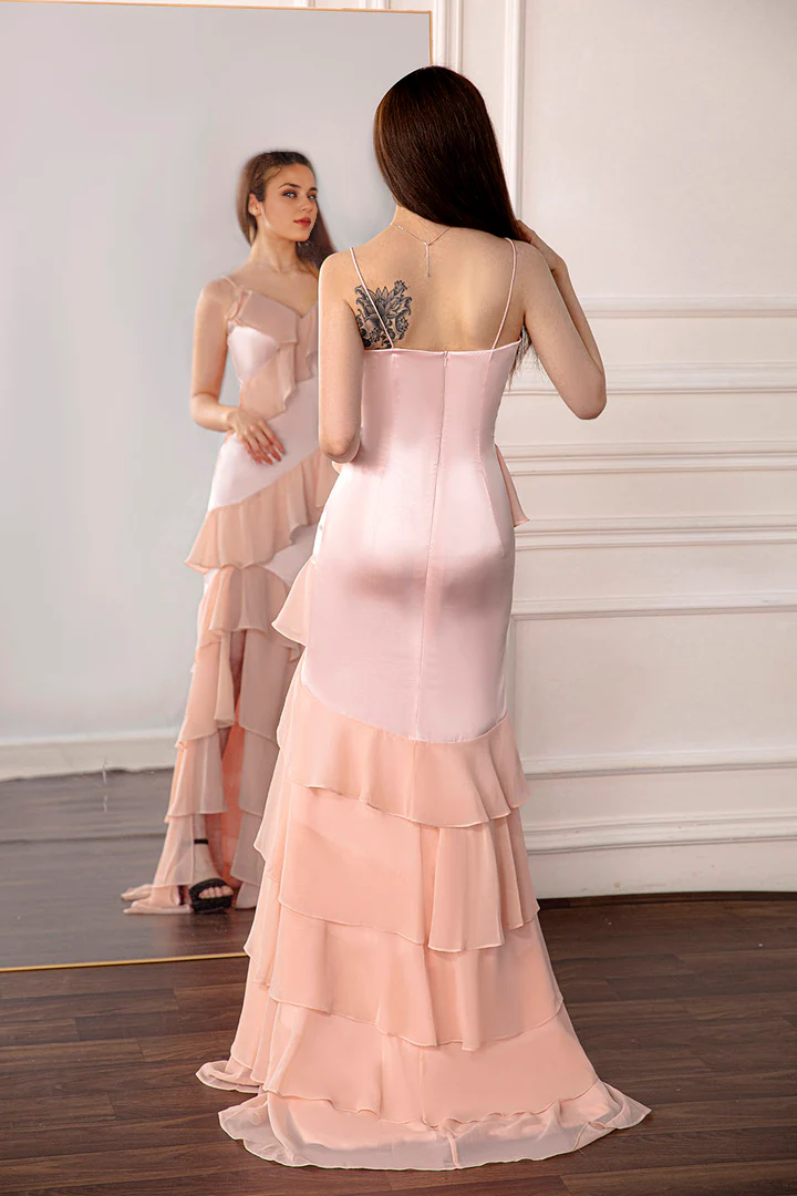 Spaghetti Straps V Neck Multi Layer Light Pink Ruffled Prom Dress with Slit