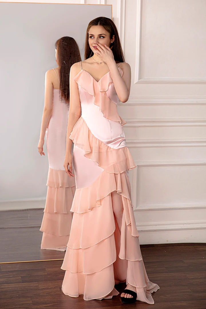 Spaghetti Straps V Neck Multi Layer Light Pink Ruffled Prom Dress with Slit