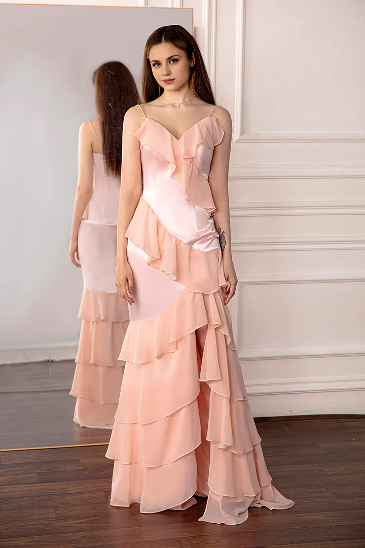Spaghetti Straps V Neck Multi Layer Light Pink Ruffled Prom Dress with Slit