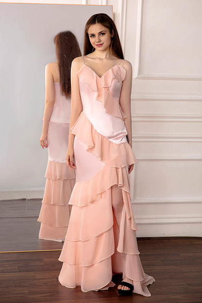 Spaghetti Straps V Neck Multi Layer Light Pink Ruffled Prom Dress with Slit