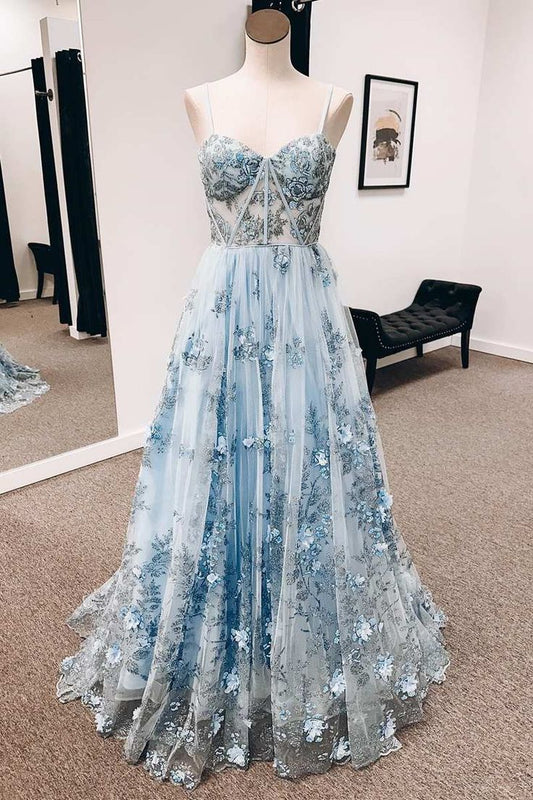 Spaghetti Straps Vintage Blue 3D Floral Lace Sweetheart A-Line Long Prom Dress