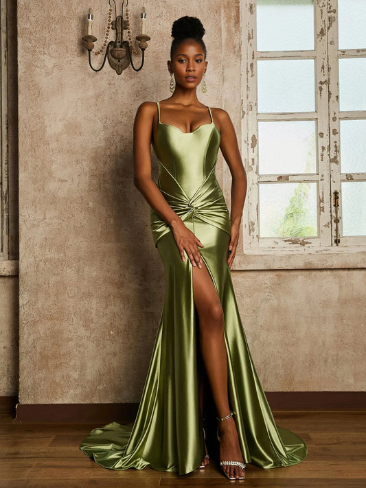 Spaghetti Straps Waist Pleated Mermaid Stretch Satin Dress Dusty Sage With Slit