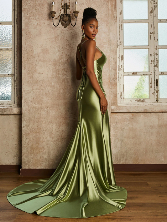 Spaghetti Straps Waist Pleated Mermaid Stretch Satin Dress Dusty Sage With Slit