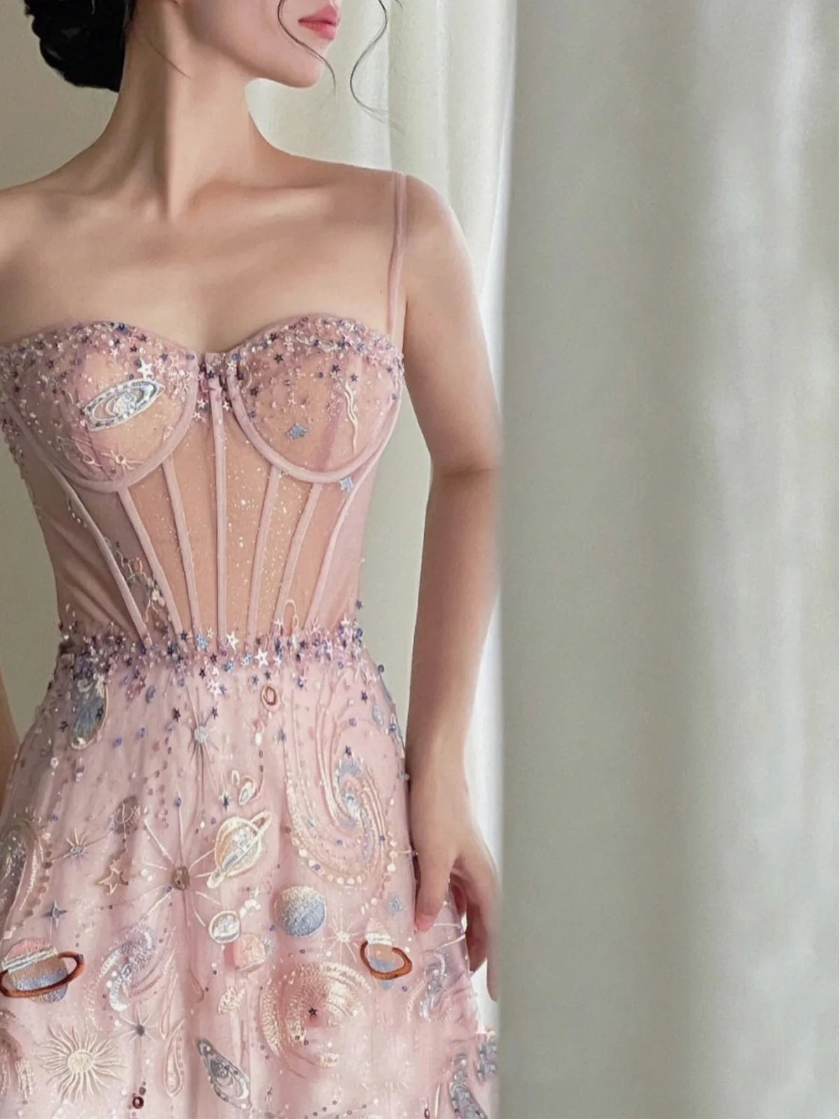 Spaghetti Straps Fairy A line Straps Tulle Backless Long Pink Lace Prom Dresses
