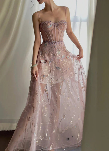 Spaghetti Straps Fairy A line Straps Tulle Backless Long Pink Lace Prom Dresses