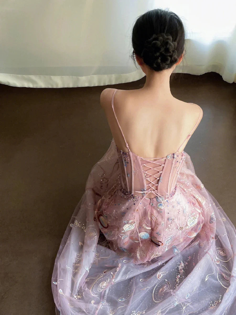 Spaghetti Straps Fairy A line Straps Tulle Backless Long Pink Lace Prom Dresses