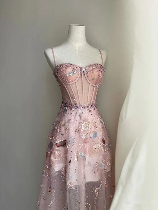 Spaghetti Straps Fairy A line Straps Tulle Backless Long Pink Lace Prom Dresses