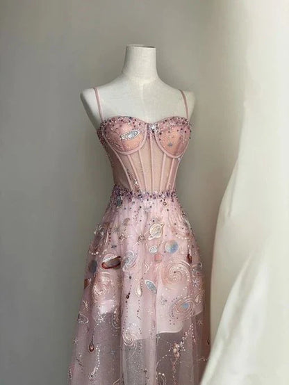 Spaghetti Straps Fairy A line Straps Tulle Backless Long Pink Lace Prom Dresses