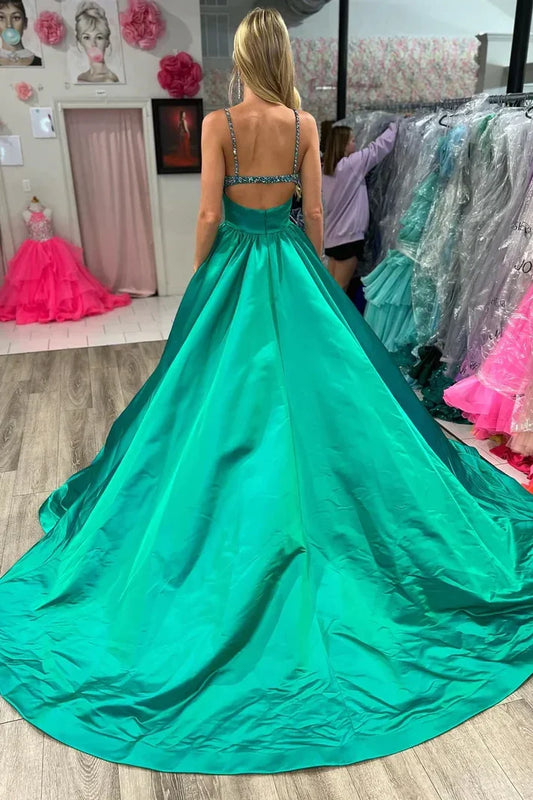Spaghetti Straps Sleeveless Emerald Beaded V-Neck A-Line Long Prom Dress