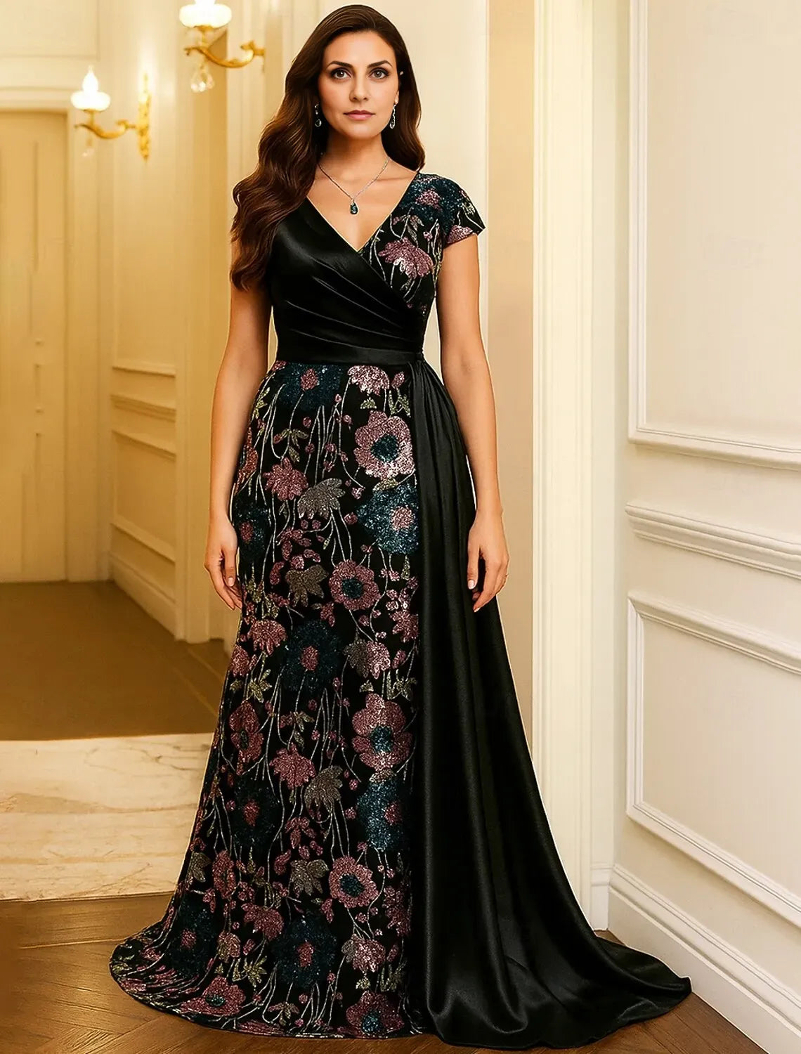 Sparkle A-Line Short Sleeve V Neck Sequins Pleated Floor-Length Evening Dress
