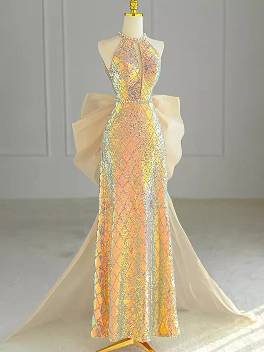 Sparkle A line Scoop Neckline Sequin Gold Long Prom Dress With Bow